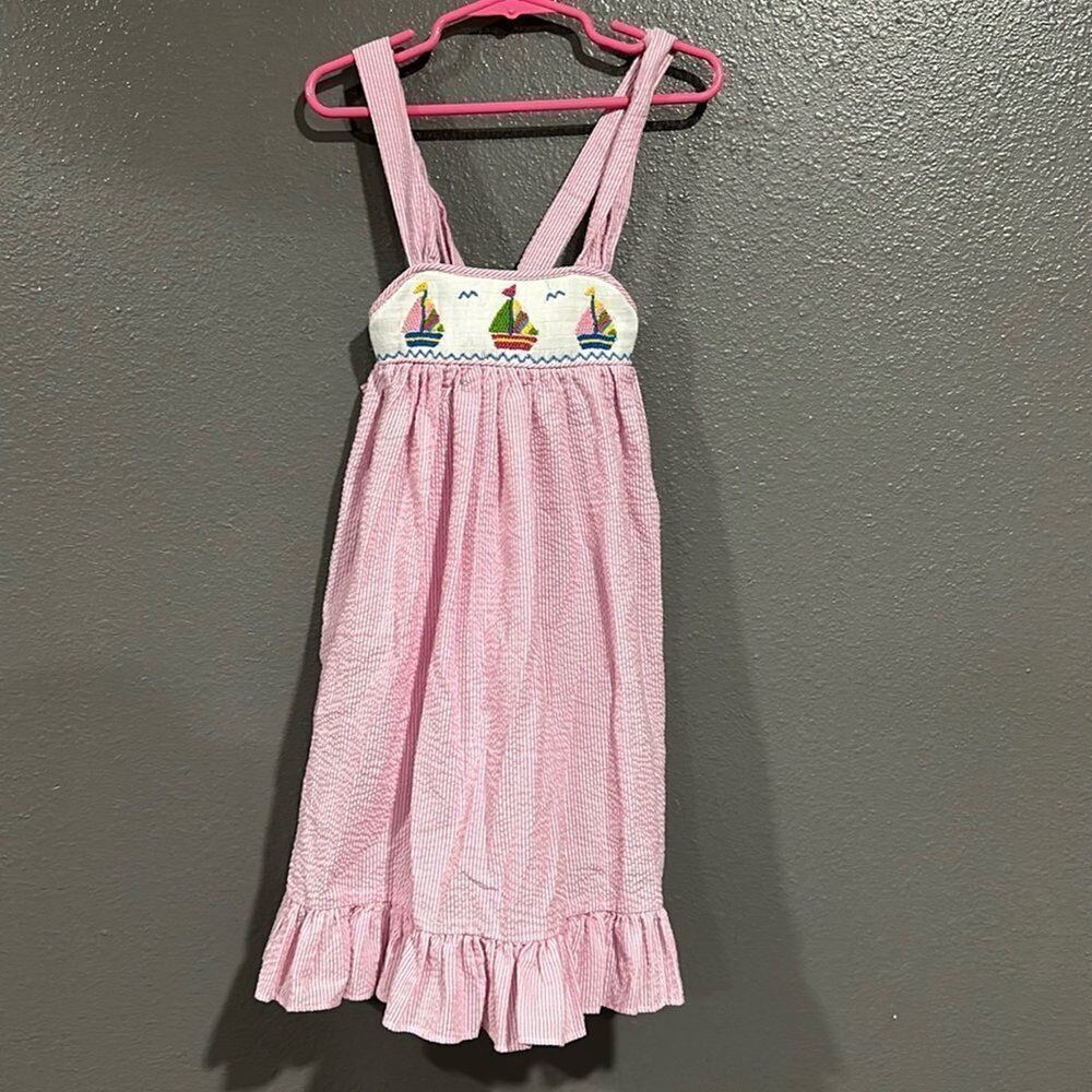 Jacqueline Dress Girls Size Pink Stripe Sundress Sailboat Smocked Boutique 3T
